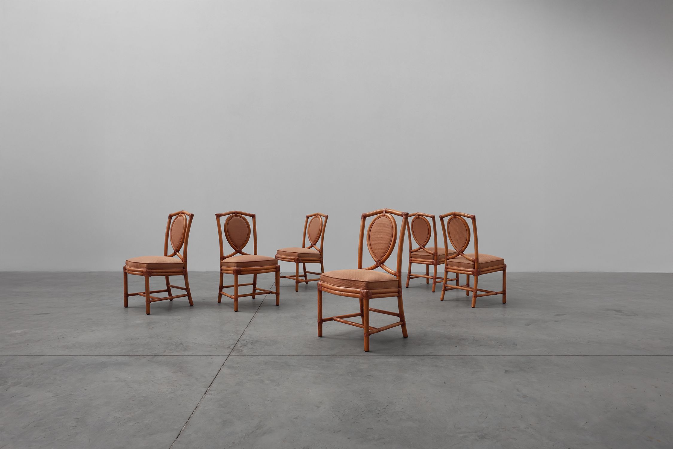 Set of 6 bamboo dining room chairs with geometric upholstery by Gasparucci, Italy 1980sthumbnail